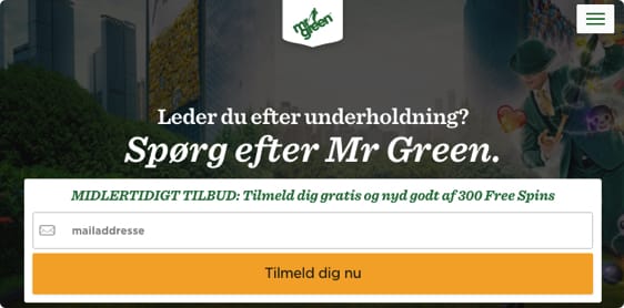 Mr Green er åbnet i Danmark. Få 300 free spins uden bonuskode