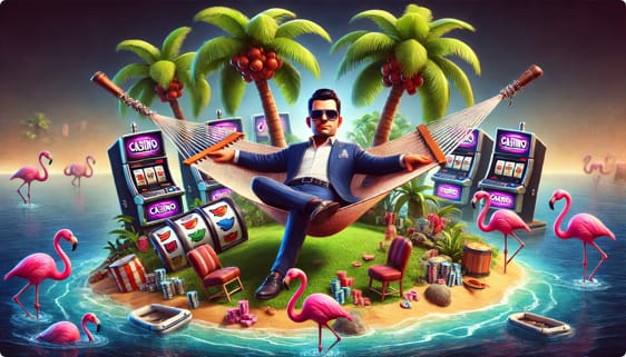 Her er billedet af en casinoboss, der slapper af i en hængekøje på en eksotisk ø med palmer, spillemaskiner og lyserøde flamingoer