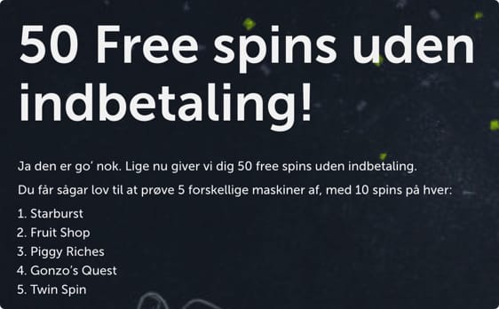 få 5 x 10 free spins hos nyt dansk casino