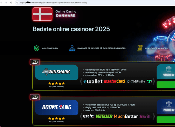 Dansk inkassofirmas hjemmeside viser hackede casinosider