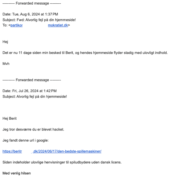 Mail sendt til politisk kontakt om hackede danske hjemmesider