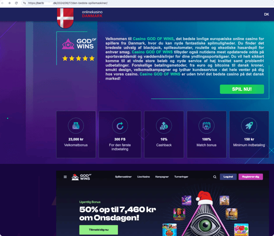 Eksempel på hackede WordPress-side med ulovligt casinoindhold